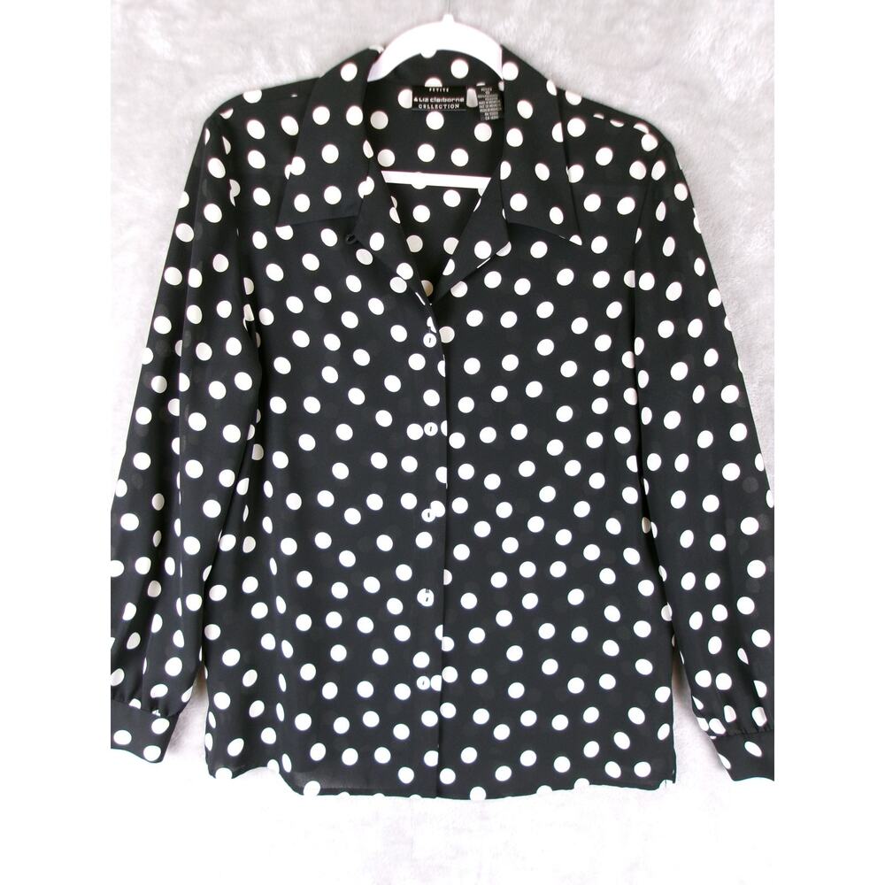 Liz Claiborne Collection Petite 10 Black White Polka Dot Tunic Blouse